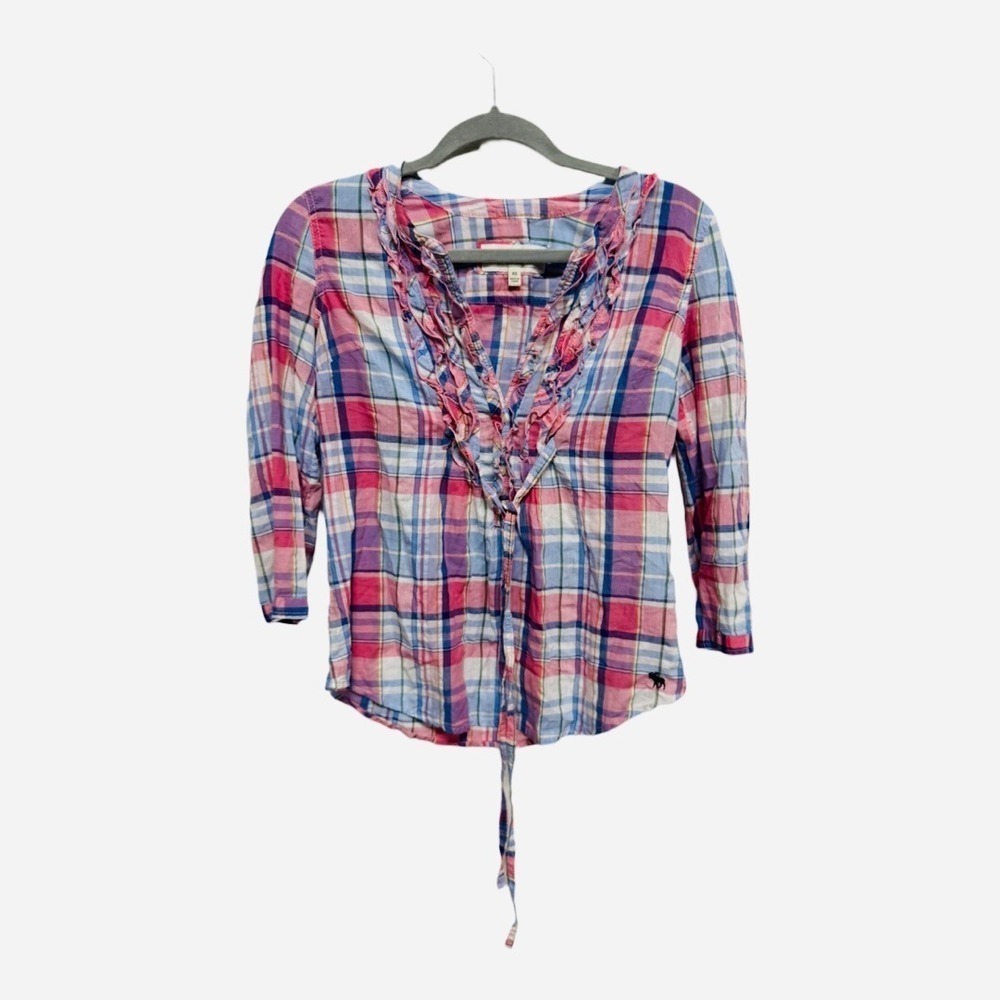 A&F Abercrombie & Fitch VNeck Pink Blue Plaid Ruffle 100% Cotton Flannel Size XS